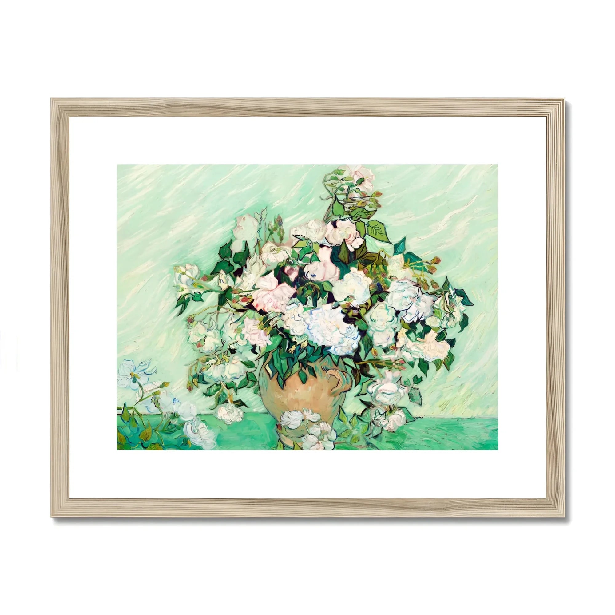 White Roses - Vincent Van Gogh Floral Art Print, White Roses Clay Vase Green Foliage