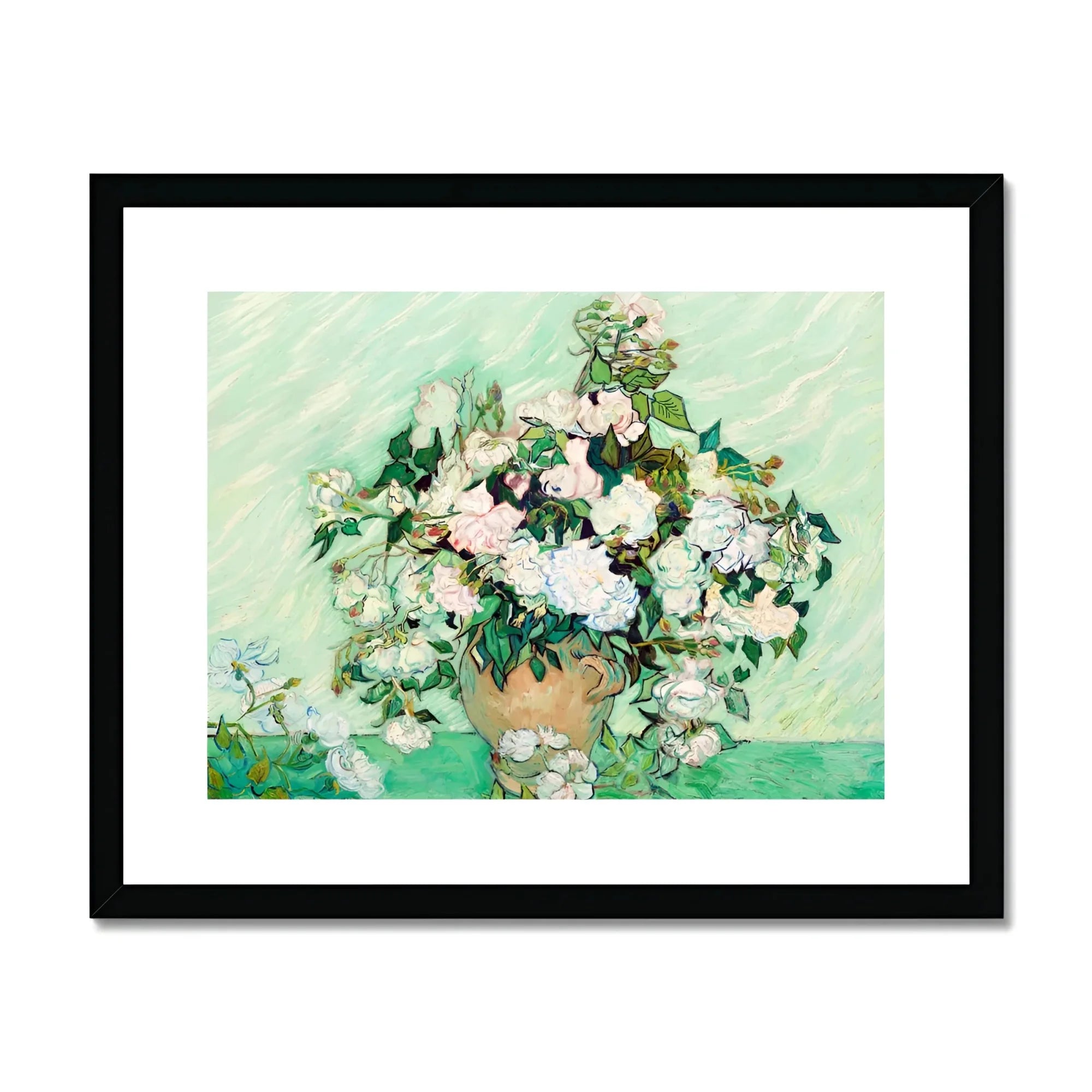 White Roses - Vincent Van Gogh Floral Art Print, White Roses Clay Vase Green Foliage