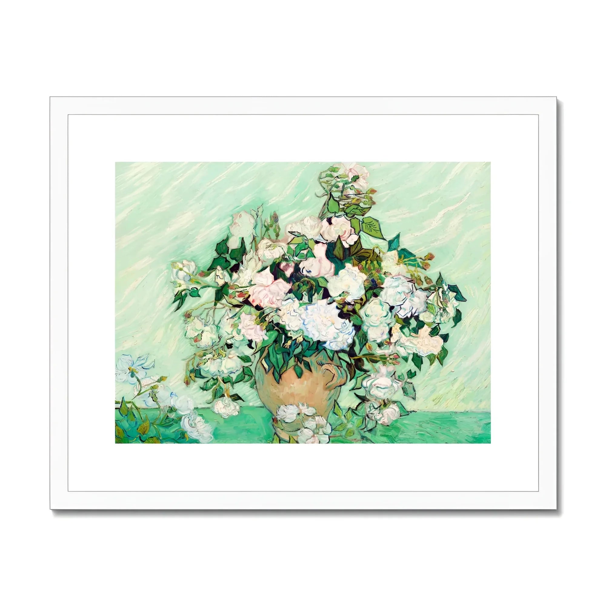 White Roses - Vincent Van Gogh Floral Art Print, White Roses Clay Vase Green Foliage