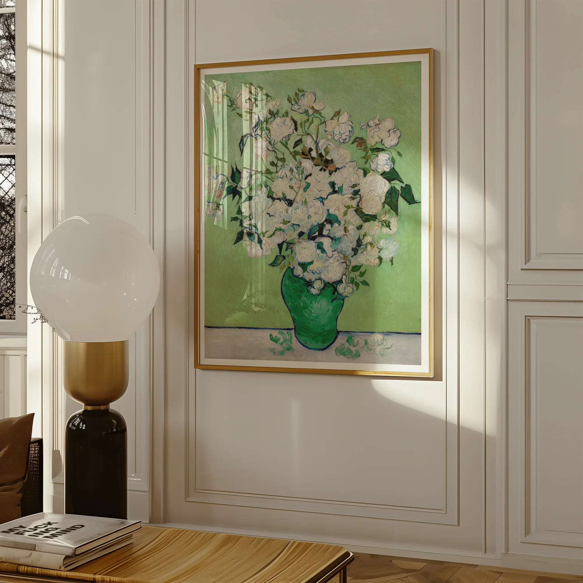 White Roses - Vincent Van Gogh Floral Art Print, Framed Artwork White Flowers Green Vase