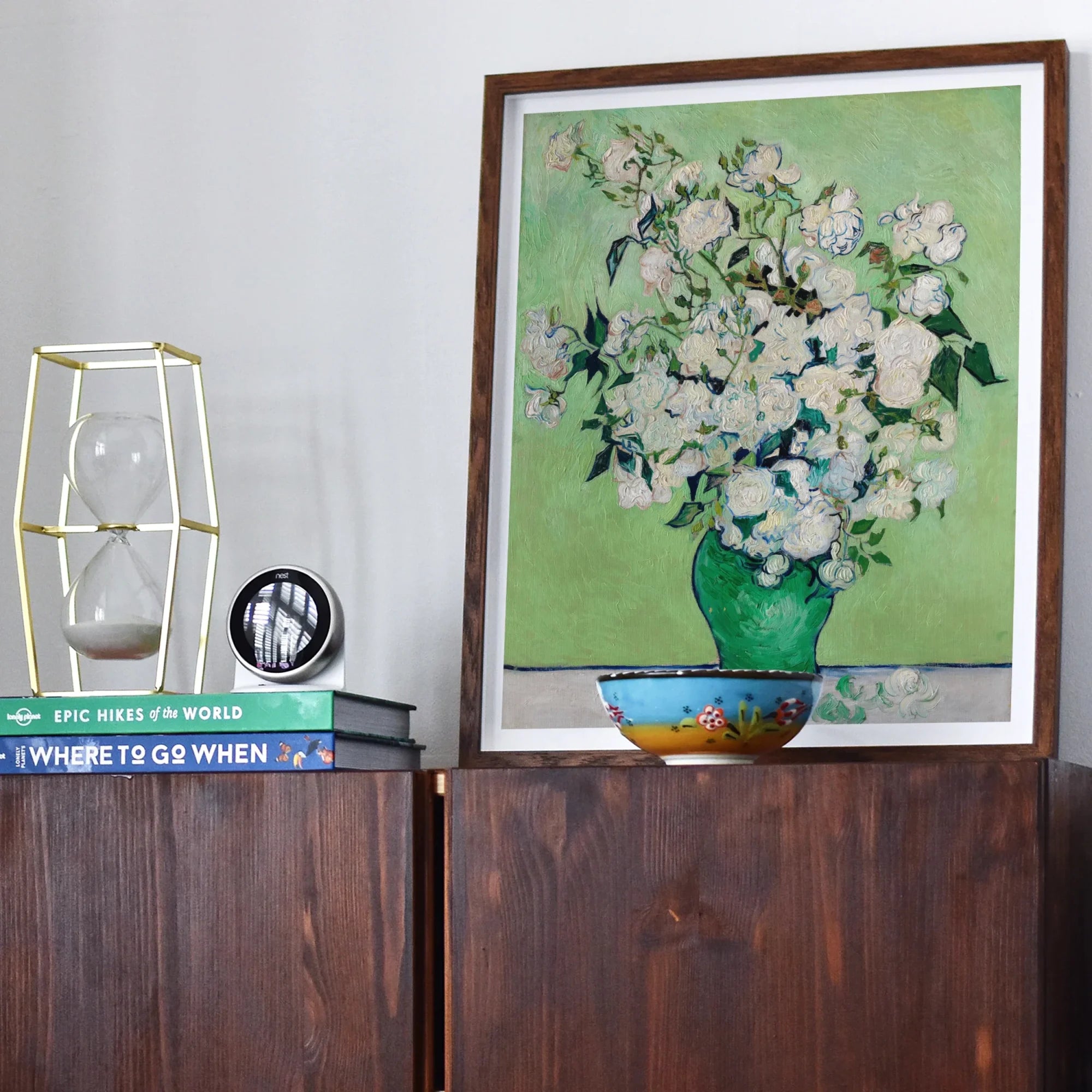 White Roses - Vincent Van Gogh Floral Art Print, Framed Art Print White Roses Green Vase Background