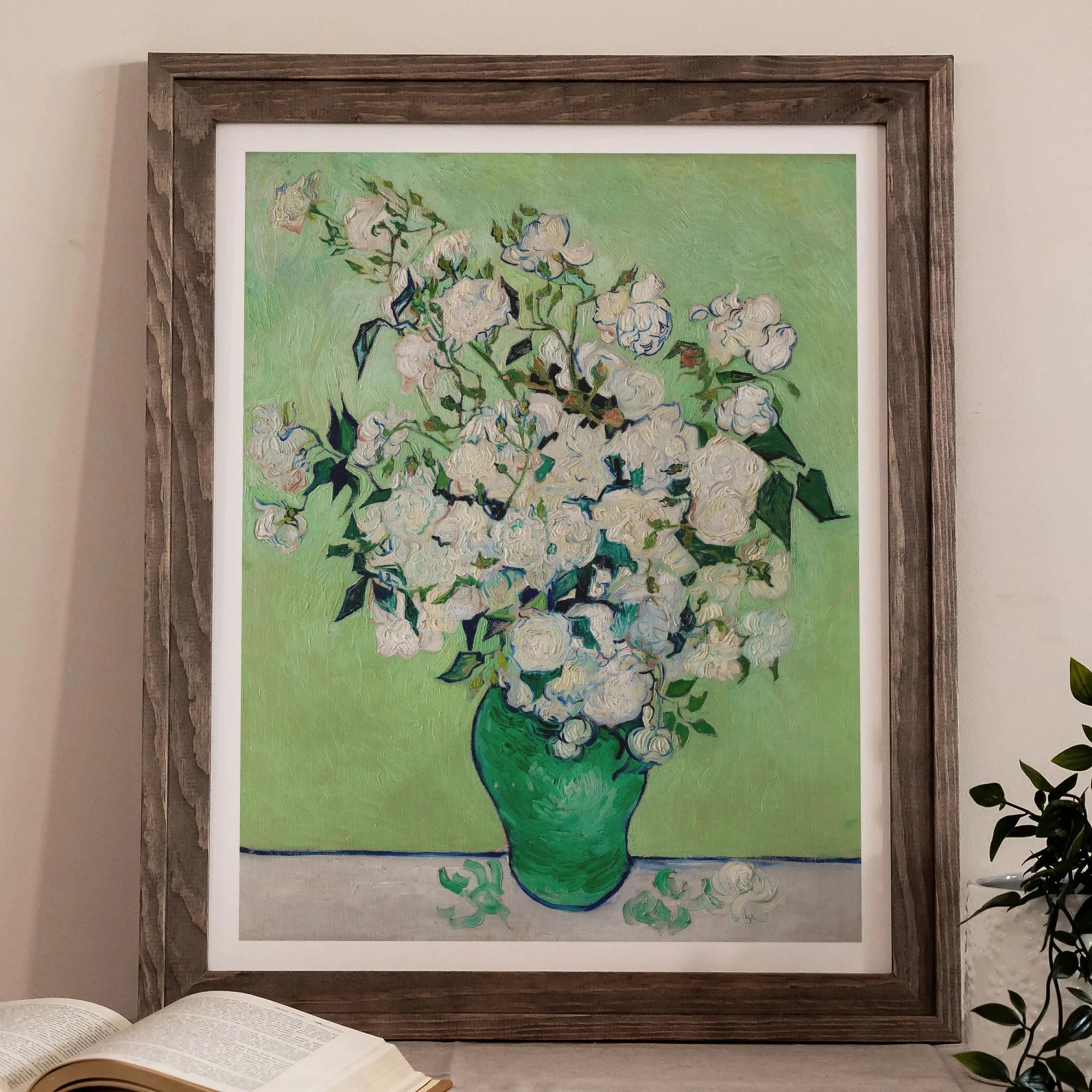 White Roses - Vincent Van Gogh Floral Art Print, Framed Painting White Roses Green Vase Pale Background