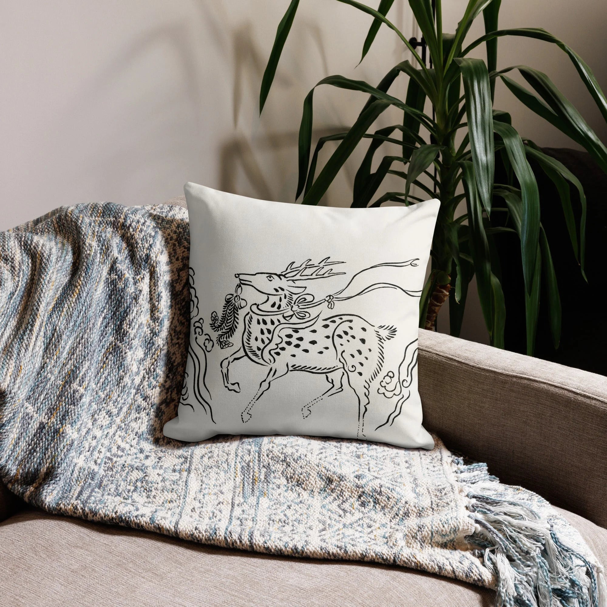 Japanese Deer - Taguchi Tomoki Black and White Pillow Throw Pillows