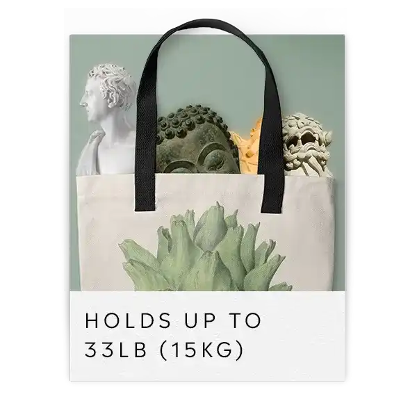 White tote bag with black handles displaying a succulent plant design.