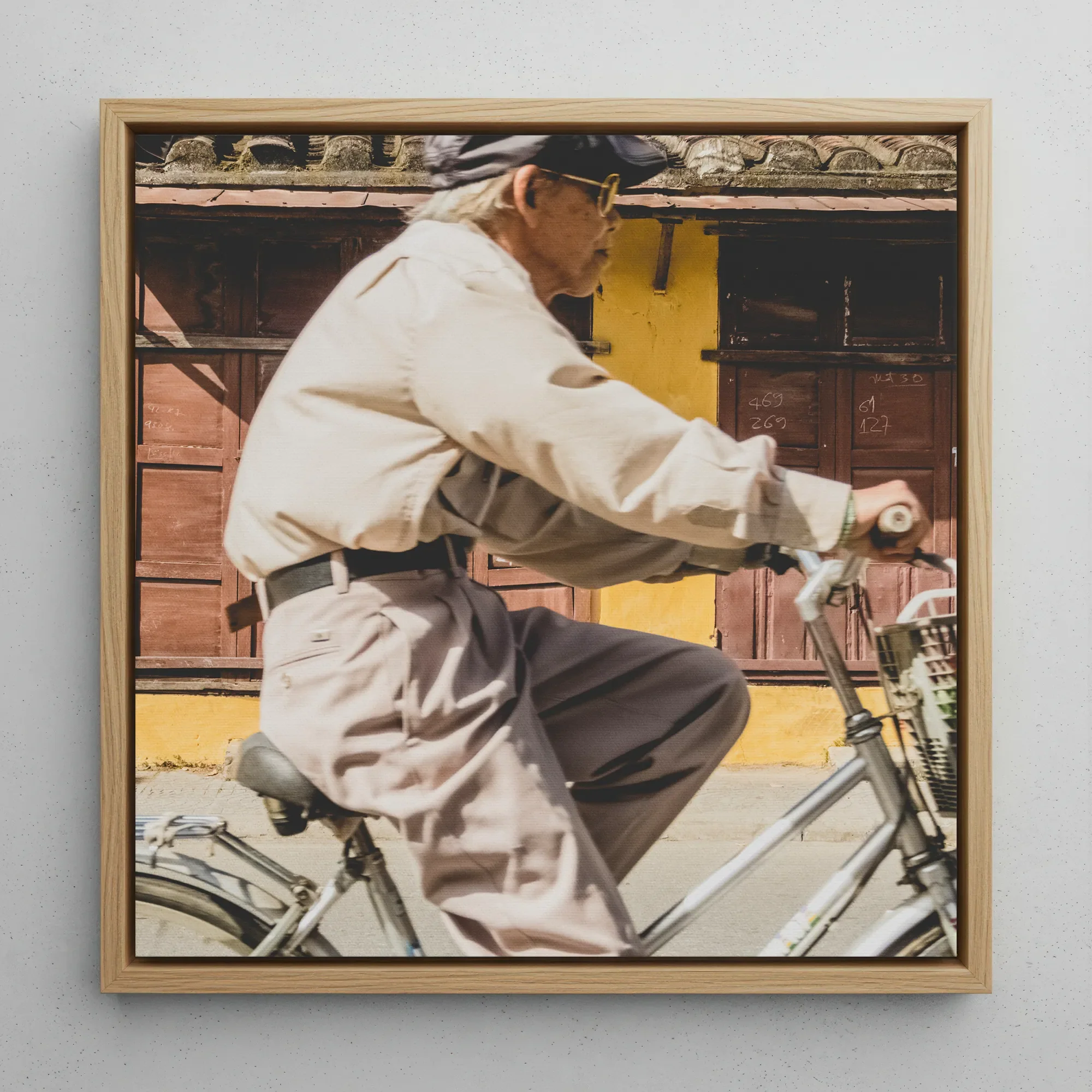 Wild at Heart - Hoi an Photography Framed Canvas, 12x12’’ / 31x31cm / Natural Floating Frame, Framed Photograph Elderly Man Bicycle
