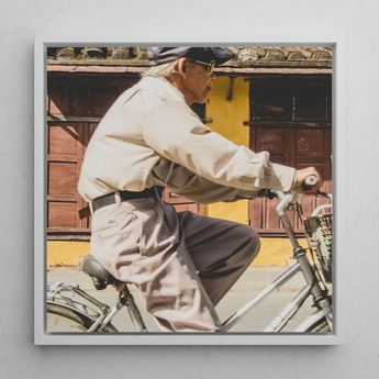 Wild at Heart - Hoi an Photography Framed Canvas, 12x12’’ / 31x31cm / White Floating Frame, Framed Photograph Elderly Man Bicycle
