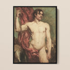 Male Nude Standard Bearer - William Etty Framed Canvas, Nude Male Figure Dark Hair Red Cloth Drape