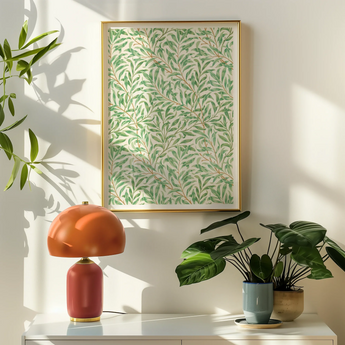 Willow Bough - William Morris Leaf Motif Art Print, Framed Botanical Print Green Leaf Pattern Light Background