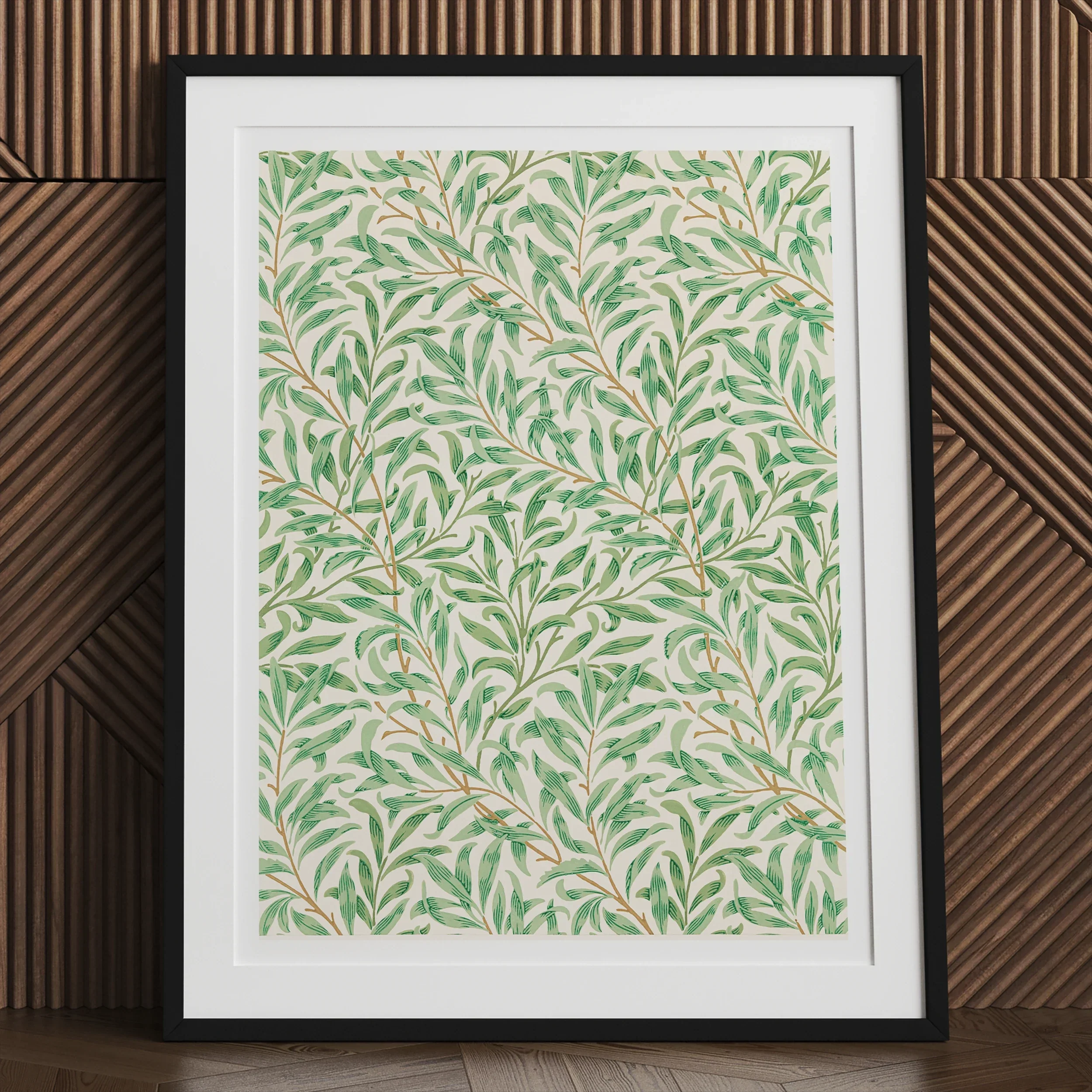 Willow Bough - William Morris Leaf Motif Art Print, Framed Botanical Print Pattern Green Leaves Branches Light