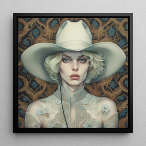 Winnie - Moon Lesbian Cowgirl Art Framed Canvas, 12x12’’ / 31x31cm / Black Floating Frame, Portrait Person Wide-brimmed White Hat Lace