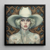 Winnie - Moon Lesbian Cowgirl Art Framed Canvas, 12x12’’ / 31x31cm / Black Floating Frame, Portrait Person Wide-brimmed White Hat Lace