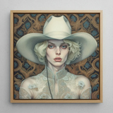 Winnie - Moon Lesbian Cowgirl Art Framed Canvas, 12x12’’ / 31x31cm / Natural Floating Frame, Framed Oil Painting Pale Person Wide-brimmed