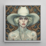 Winnie - Moon Lesbian Cowgirl Art Framed Canvas, 12x12’’ / 31x31cm / White Floating Frame, Framed Portrait Woman Cowboy Hat