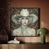 Winnie - Moon Lesbian Cowgirl Art Framed Canvas, Framed Portrait Person Wide-brimmed White Hat Butterflies