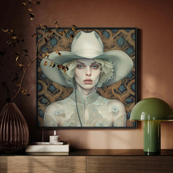 Winnie - Moon Lesbian Cowgirl Art Framed Canvas, Framed Portrait Person Wide-brimmed White Hat Butterflies
