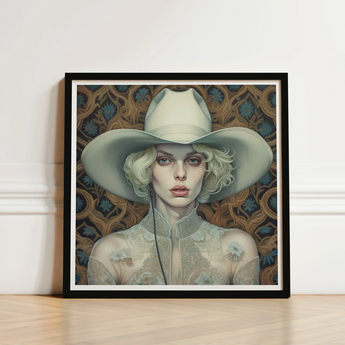Framed Artwork Woman Off-white Cowboy Hat Lace Garment Lesbian Cowgirl Art, Elegant Outlaw Reminding, Spirit’s Queer
