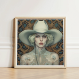 Framed Artwork Woman Off-white Cowboy Hat Lace Garment Lesbian Cowgirl Art, Elegant Outlaw Reminding, Spirit’s Queer