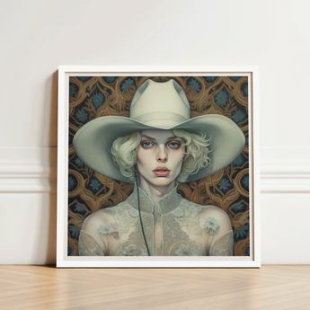 Framed Artwork Woman Off-white Cowboy Hat Lace Garment Lesbian Cowgirl Art, Elegant Outlaw Reminding, Spirit’s Queer
