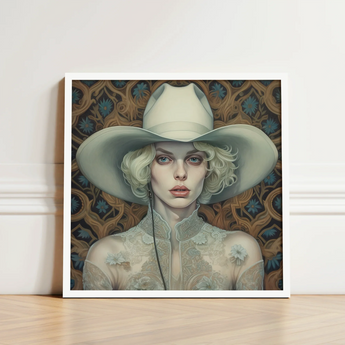 Framed Portrait Woman Off-white Cowboy Hat Lace Attire Lesbian Cowgirl Art, Elegant Outlaw Reminding, Spirit’s Queer