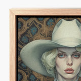 Framed Canvas Artwork Woman Blue Eyes Blonde Hair Lesbian Cowgirl Art, Elegant Outlaw Reminding, Spirit’s Queer