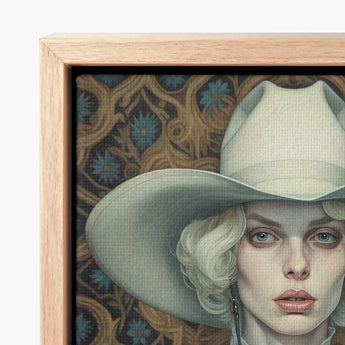 Framed Canvas Artwork Woman Blue Eyes Blonde Hair Lesbian Cowgirl Art, Elegant Outlaw Reminding, Spirit’s Queer