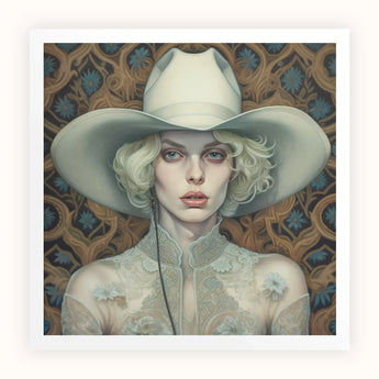 Winnie - Moon Lesbian Cowgirl Art Print / Canvas Cream-colored Wide-brimmed Cowboy Hat Soft Slightly Textured Surface Lesbian Cowgirl Art,