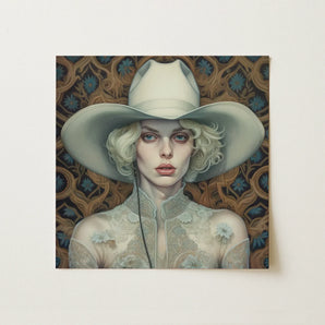 Winnie - Moon Lesbian Cowgirl Art Print / Canvas Square Canvas Painting Woman Blonde Curls Off-white Lace Lesbian Cowgirl Art, Elegant