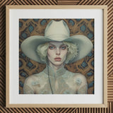 Winnie - Moon Lesbian Cowgirl Art Print / Canvas White Cowboy Hat Floral Design Lace Framed Light Lesbian Cowgirl Art, Elegant Outlaw