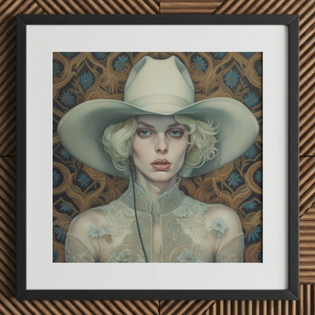 Winnie - Moon Lesbian Cowgirl Art Print / Canvas White Cowboy Hat Floral Embellishments Black Frame Lesbian Cowgirl Art, Elegant Outlaw