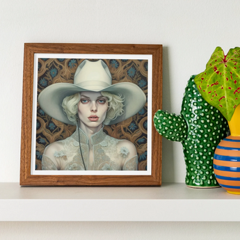 Winnie - Moon Lesbian Cowgirl Art Print, Framed Artwork Figure Wide-brimmed White Hat Patterned Background