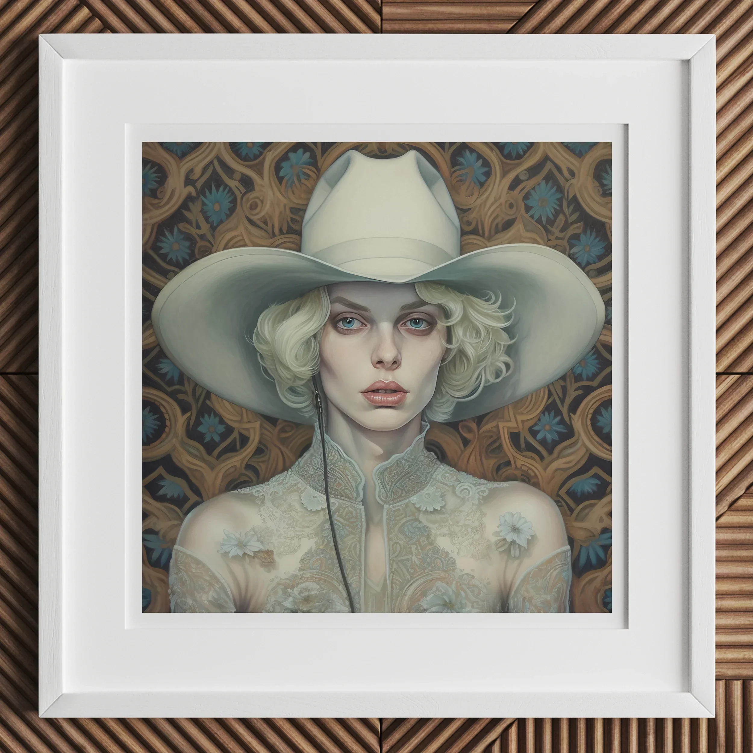 Winnie - Moon Lesbian Cowgirl Art Print, Framed Artwork Figure Wide-brimmed White Hat Patterned Backdrop