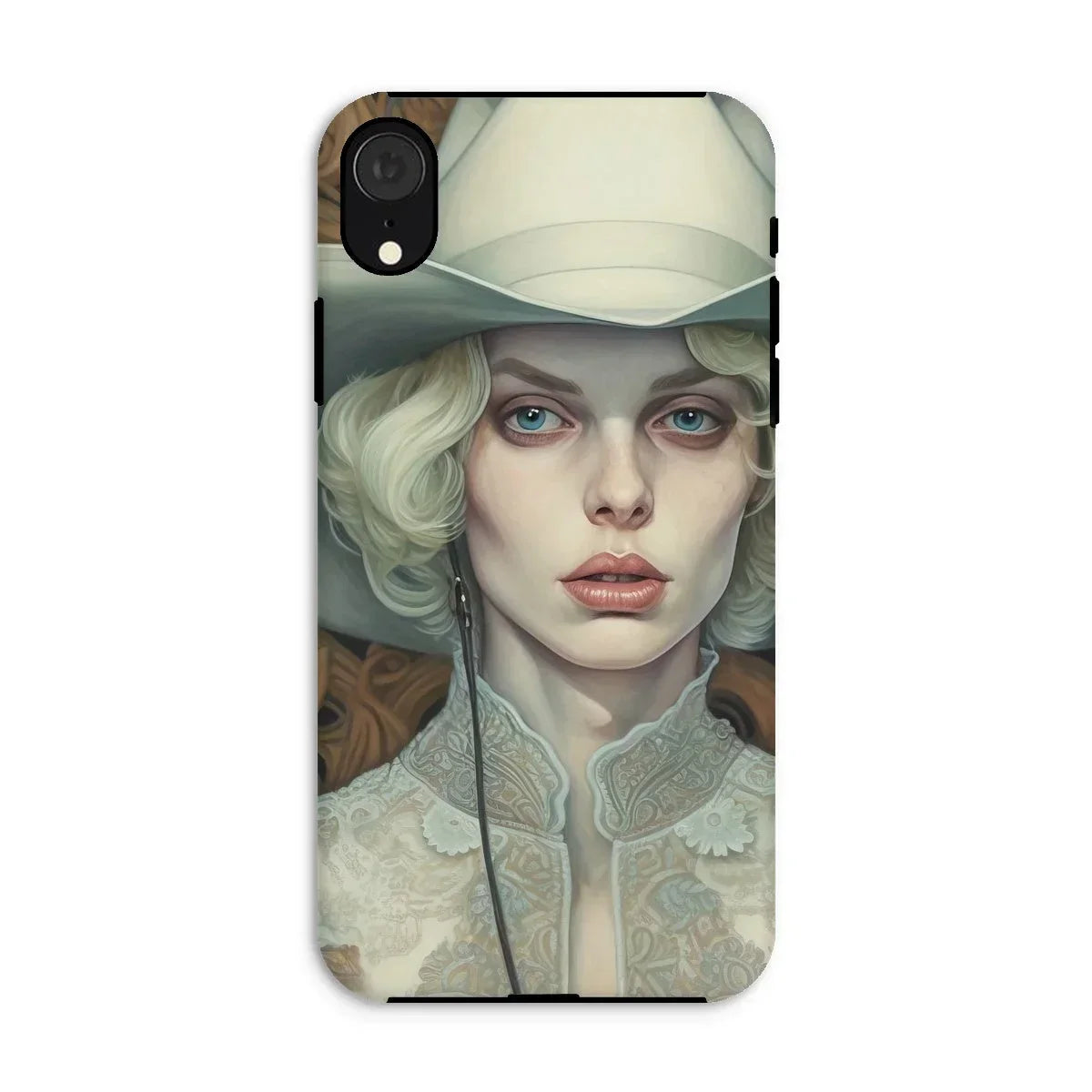 Winnie - Sapphic Femme Cowgirl Iphone Case, Xr / Matte, Phone Case Stylized Portrait Woman White Hat Lace