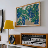 Wisteria from Momoyogusa - Kamisaka Sekka Art Print, Framed Artwork Blue Flowers Green Leaves Beige Background