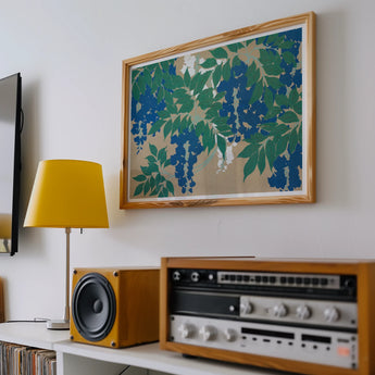 Wisteria from Momoyogusa - Kamisaka Sekka Art Print, Framed Artwork Blue Flowers Green Leaves Beige Background