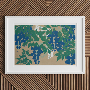 Wisteria from Momoyogusa - Kamisaka Sekka Art Print, Framed Artwork Green Leaves Blue Flowers Beige Background
