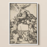 The Witch - Albrecht Durer Framed Canvas, 12x18’’ / 31x46cm / White Floating Frame, Vintage Black White Mythological Scene Central Figure
