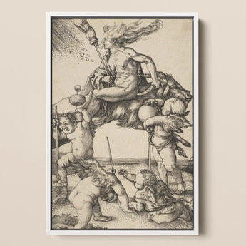 The Witch - Albrecht Durer Framed Canvas, 12x18’’ / 31x46cm / White Floating Frame, Vintage Black White Mythological Scene Central Figure