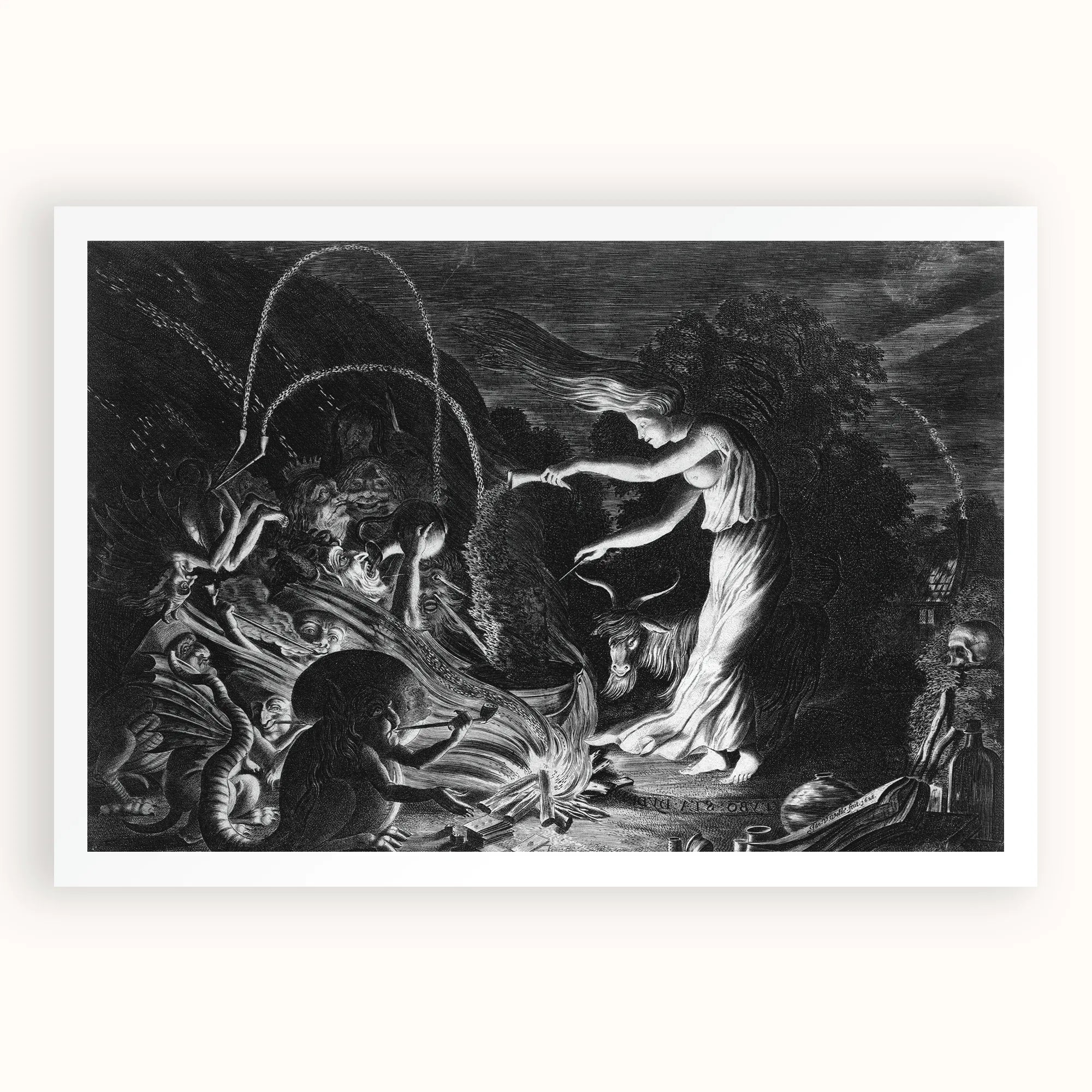 A Witch at Her Cauldron Surrounded by Monsters - Jan Van De Velde Ii Art Print, Black White Print Witches Spell