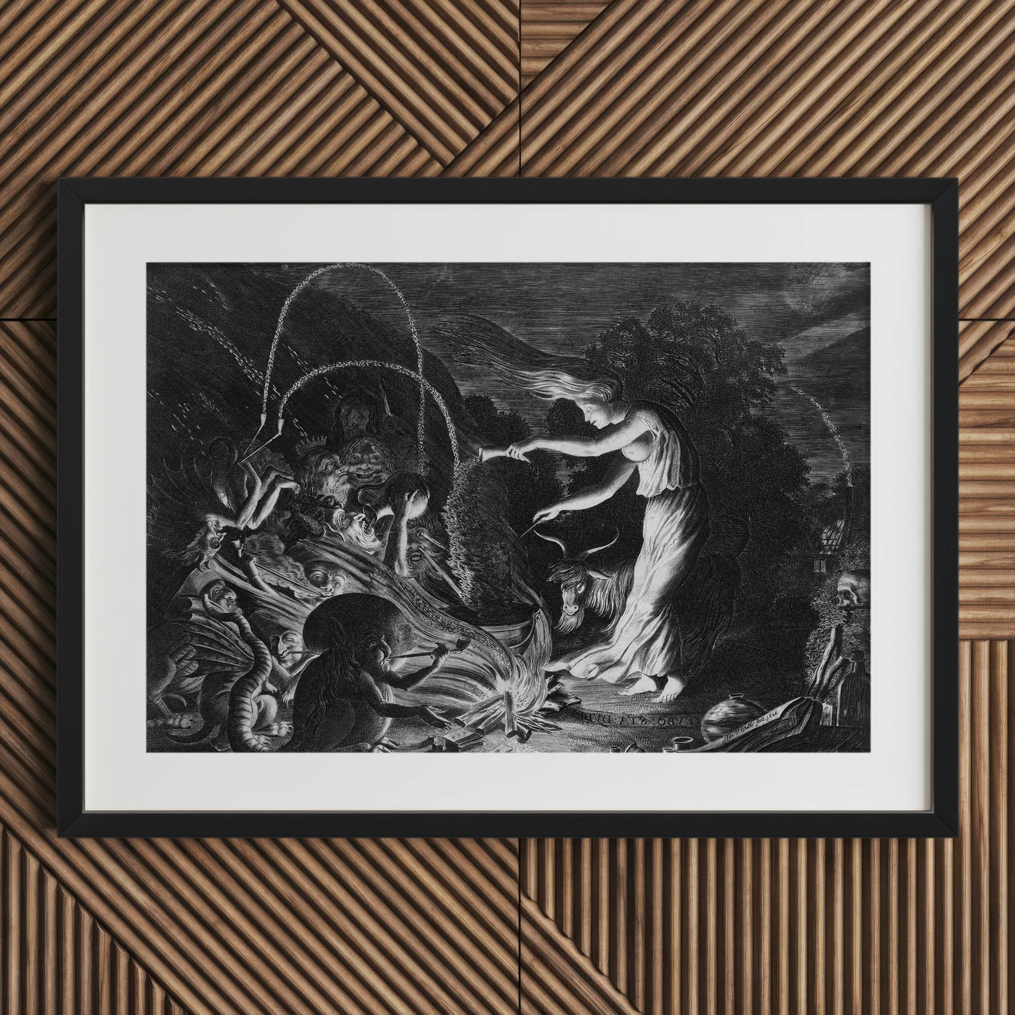 A Witch at Her Cauldron Surrounded by Monsters - Jan Van De Velde Ii Art Print, Framed Black White Print Mythological Allegorical Scene