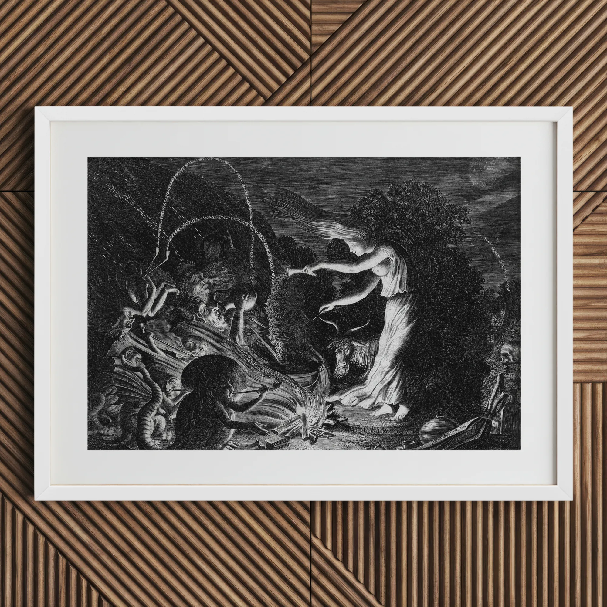 A Witch at Her Cauldron Surrounded by Monsters - Jan Van De Velde Ii Art Print, Framed Black-and-white Print Witches Sabbath