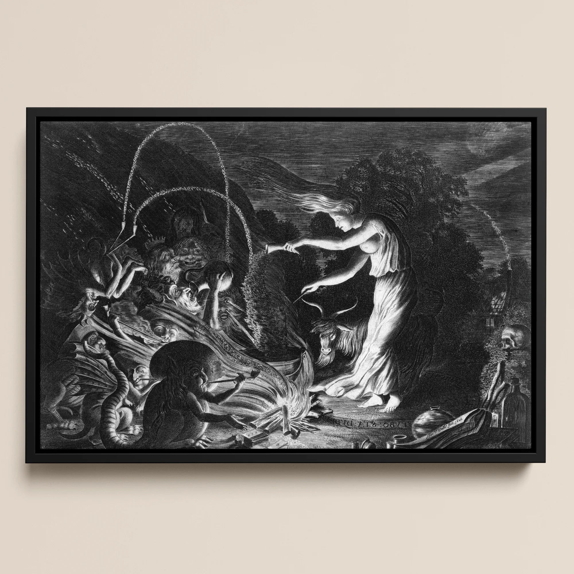 A Witch at Her Cauldron Surrounded by Monsters - Jan Van De Velde Ii Framed Canvas, 18x12’’ / 46x31cm / Black Floating Frame, Framed