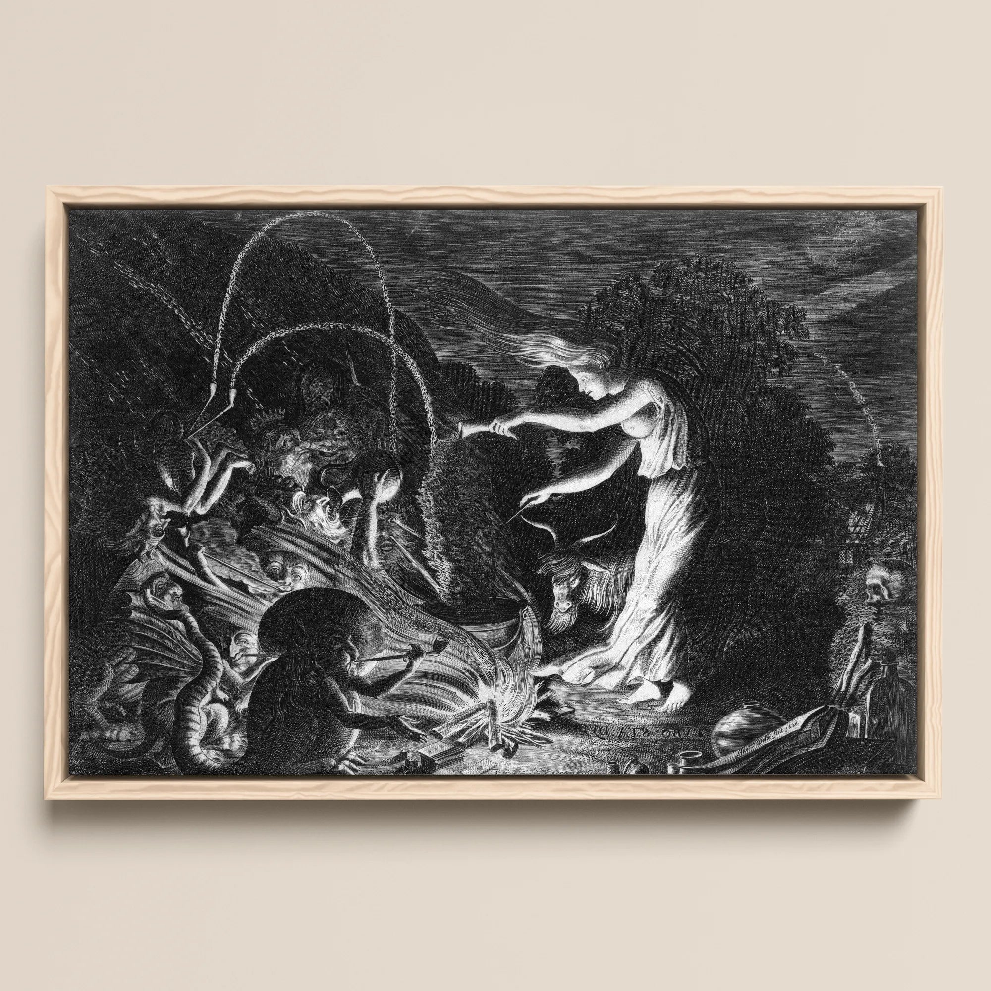 A Witch at Her Cauldron Surrounded by Monsters - Jan Van De Velde Ii Framed Canvas, 18x12’’ / 46x31cm / Natural Floating Frame, Framed