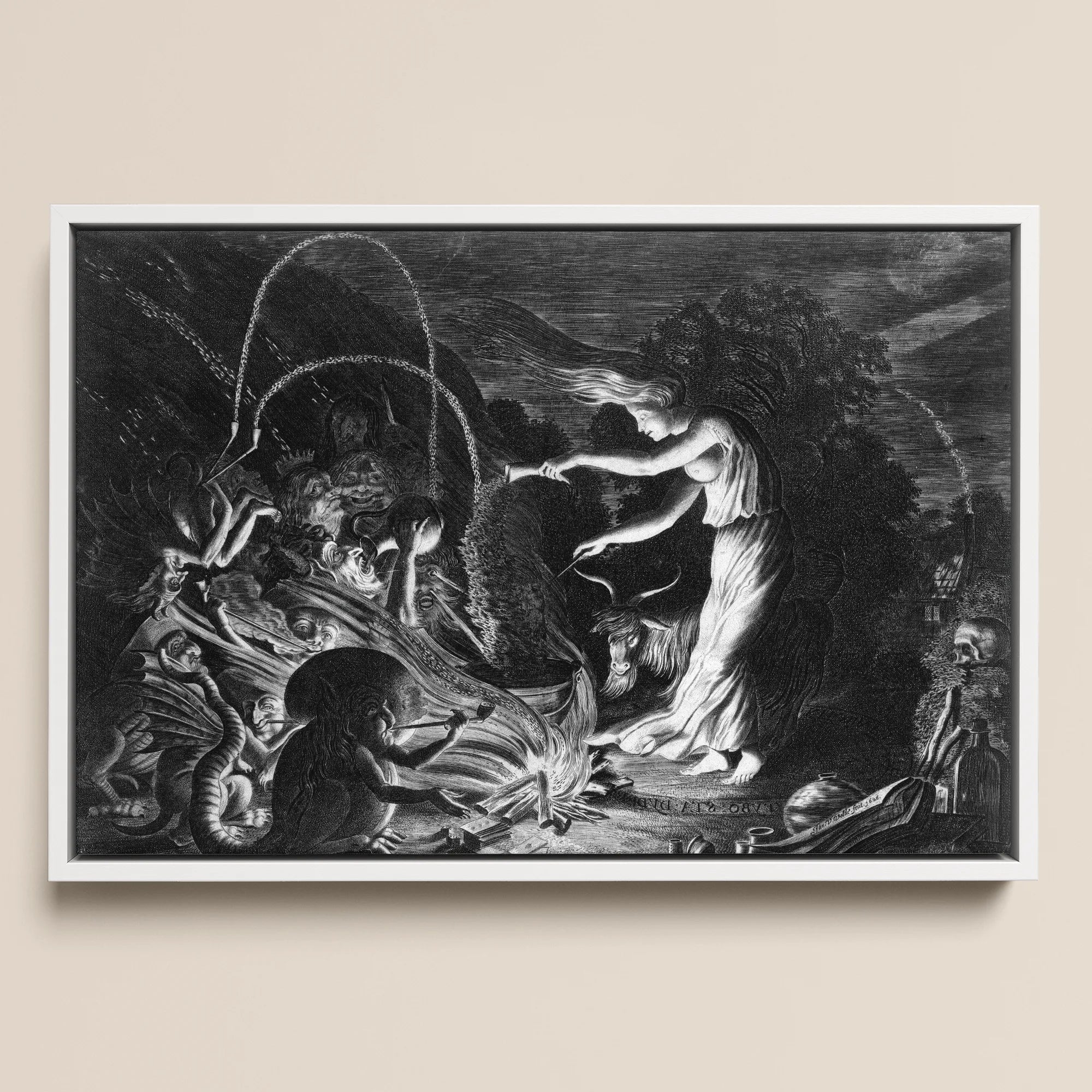 A Witch at Her Cauldron Surrounded by Monsters - Jan Van De Velde Ii Framed Canvas, 18x12’’ / 46x31cm / White Floating Frame, Framed Black