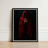 Witch in Red Cloak Art Print / Canvas Framed Figure Draped Deep Fabric Crimson Mantle Catches, Reflection Multiplies, a Veil, Dim Light