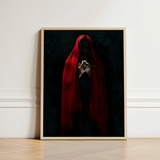 Witch in Red Cloak Art Print / Canvas Framed Artwork Figure Draped Deep Fabric Dark Crimson Mantle Catches, Reflection Multiplies, a Veil,