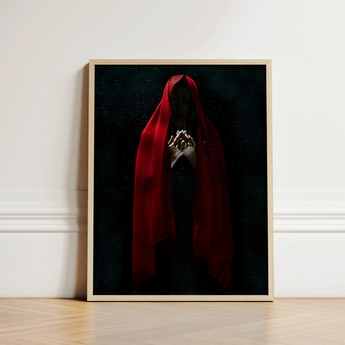 Witch in Red Cloak Art Print / Canvas Framed Artwork Figure Draped Deep Fabric Dark Crimson Mantle Catches, Reflection Multiplies, a Veil,