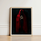 Witch in Red Cloak Art Print / Canvas Framed Figure Draped Deep Fabric Crimson Mantle Catches, Reflection Multiplies, a Veil, Dim Light
