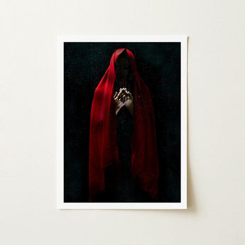 Witch in Red Cloak Art Print / Canvas Framed Figure Draped Deep Fabric Crimson Mantle Catches, Reflection Multiplies, a Veil, Dim Light