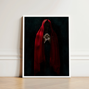 Witch in Red Cloak Art Print / Canvas Framed Artwork Figure Draped Deep Fabric Dark Crimson Mantle Catches, Reflection Multiplies, a Veil,
