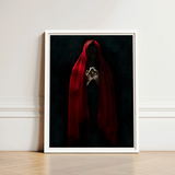 Witch in Red Cloak Art Print / Canvas Framed Figure Draped Deep Fabric Crimson Mantle Catches, Reflection Multiplies, a Veil, Dim Light